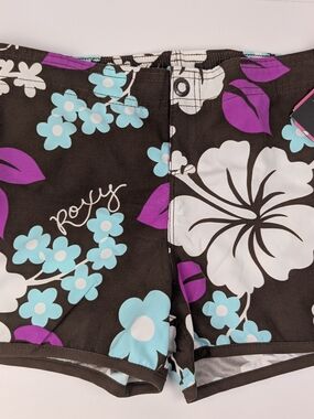 NWT Roxy Swim Dawn Patrol Board Shorts, Brown Hibiscus Floral Girls XL 14/16 NEW